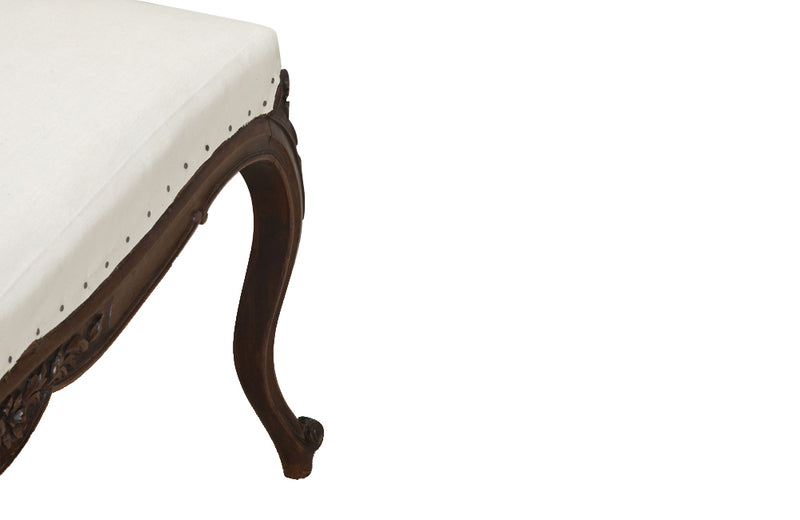 Antique bench or banquette 19th Century French walnut in the Louis XV style. French antique furniture.