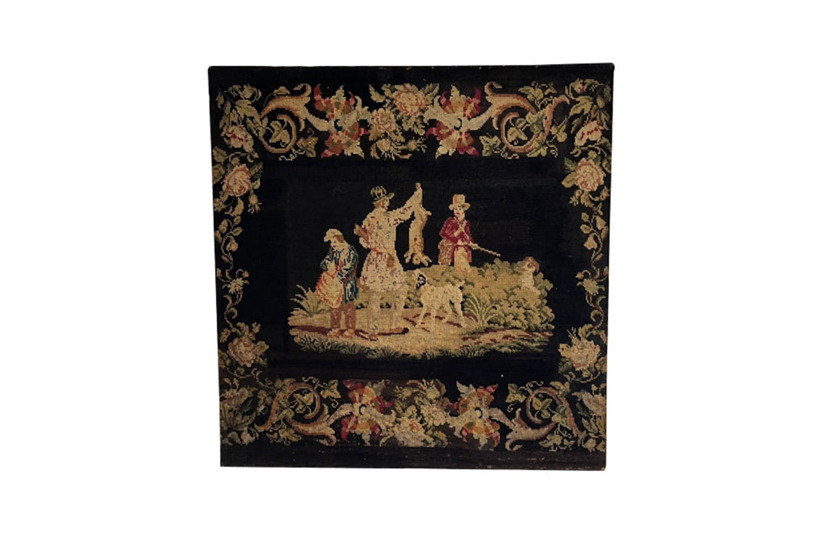 19th Century French Needlework Hunting Scene Panel With Figures And Dogs 