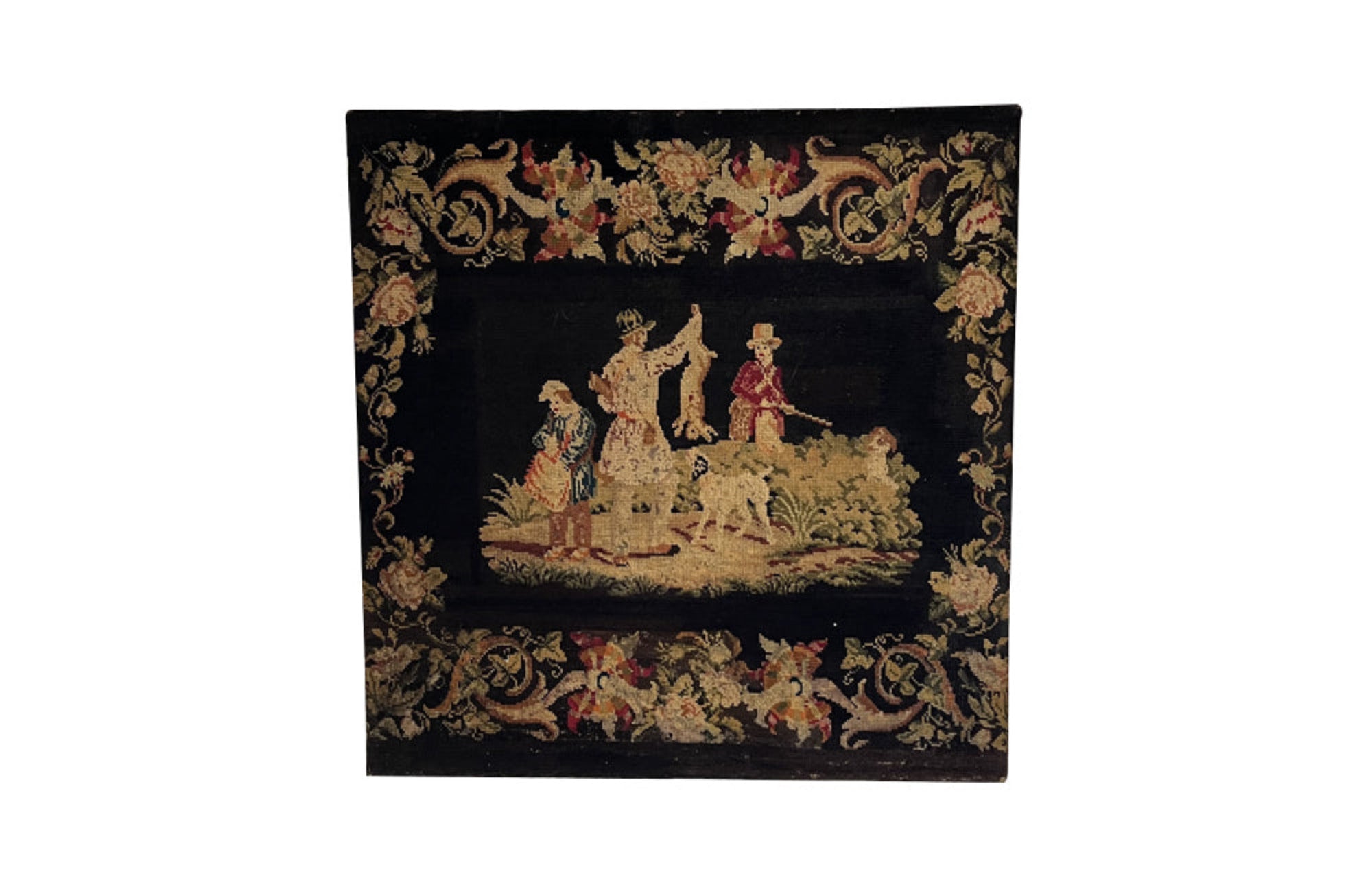 19th Century French Needlework Hunting Scene Panel With Figures And Dogs 