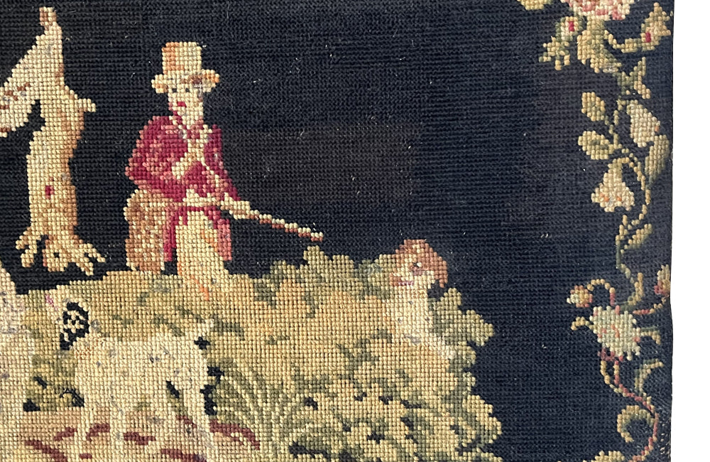 19th Century French Needlework Hunting Scene Panel With Figures And Dogs 
