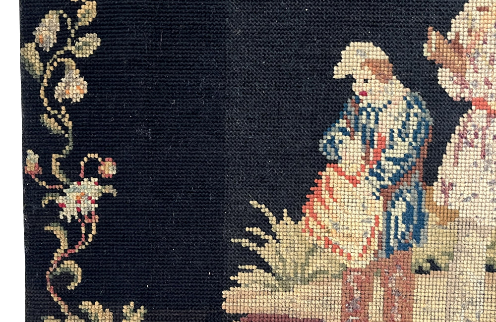 19th Century French Needlework Hunting Scene Panel With Figures And Dogs 
