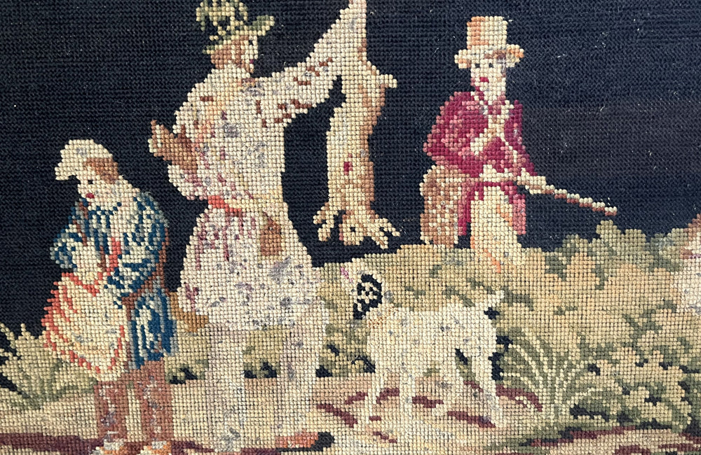 19th Century French Needlework Hunting Scene Panel With Figures And Dogs 