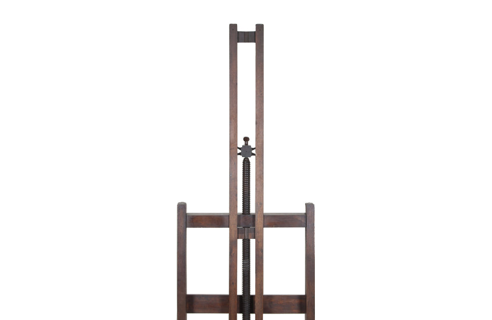 19th century French, oak artist's easel with hand crank mechanism for adjusting height with rare wooden turning screw