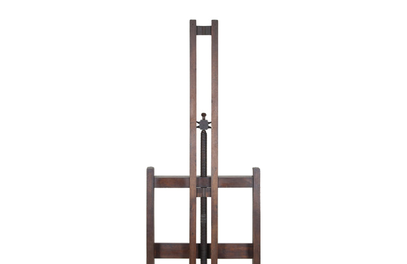 19th century French, oak artist's easel with hand crank mechanism for adjusting height with rare wooden turning screw