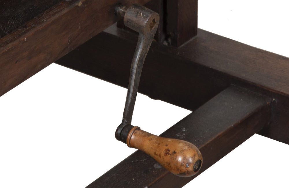 19th century French, oak artist's easel with hand crank mechanism for adjusting height with rare wooden turning screw