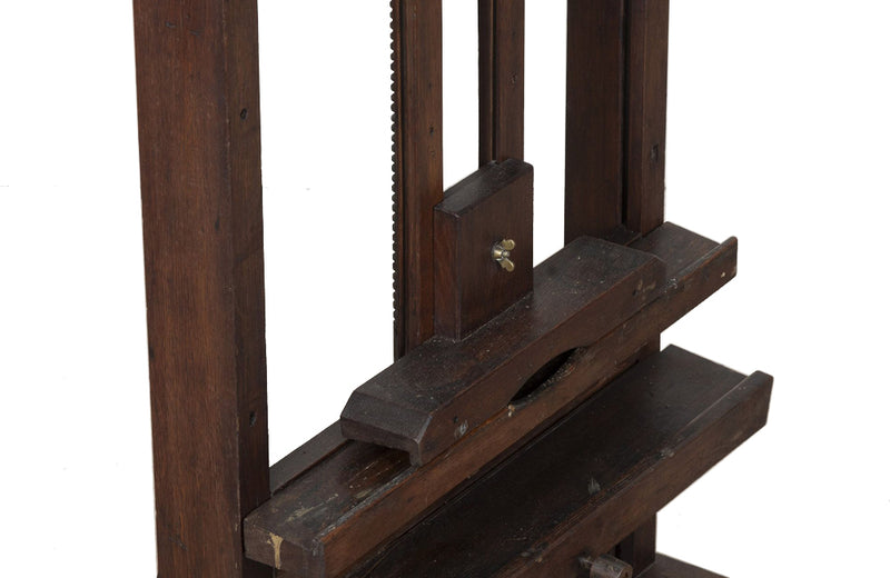19th century French, oak artist's easel with hand crank mechanism for adjusting height with rare wooden turning screw
