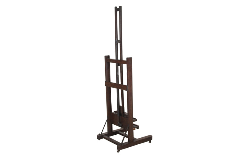 19th century French, oak artist's easel with hand crank mechanism for adjusting height with rare wooden turning screw