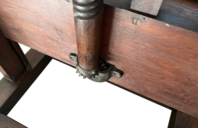 19th century French, oak artist's easel with hand crank mechanism for adjusting height with rare wooden turning screw