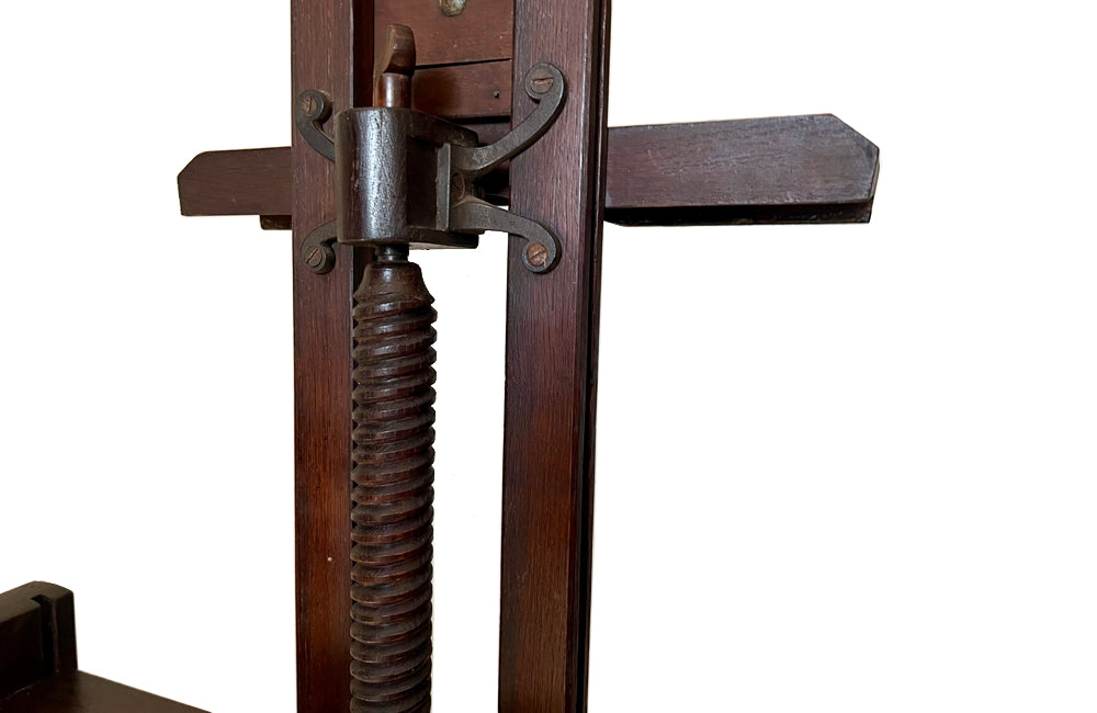 19th century French, oak artist's easel with hand crank mechanism for adjusting height with rare wooden turning screw