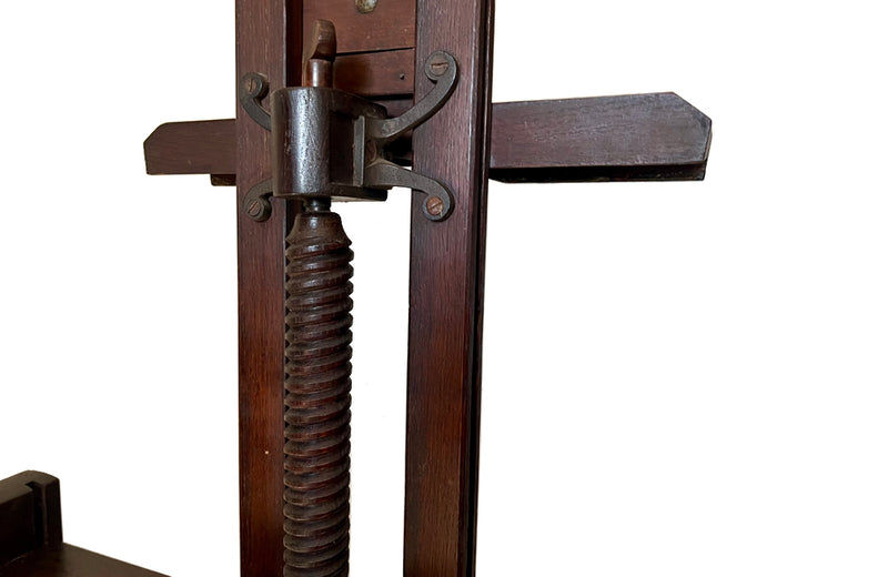 19th century French, oak artist's easel with hand crank mechanism for adjusting height with rare wooden turning screw
