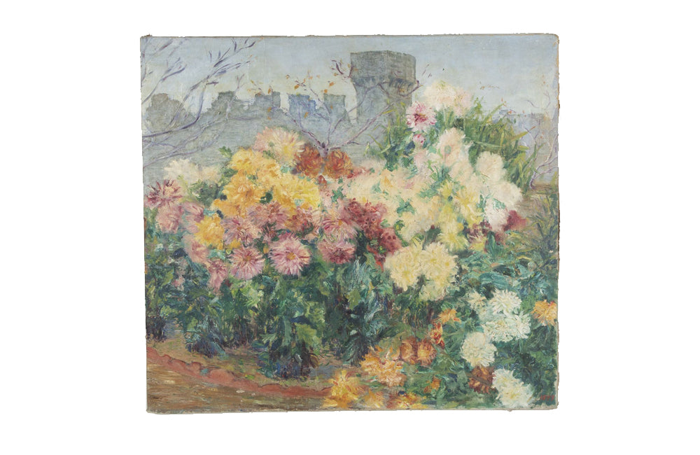 Large late 19th Century French oil on canvas painting of a garden with a view of Avignon