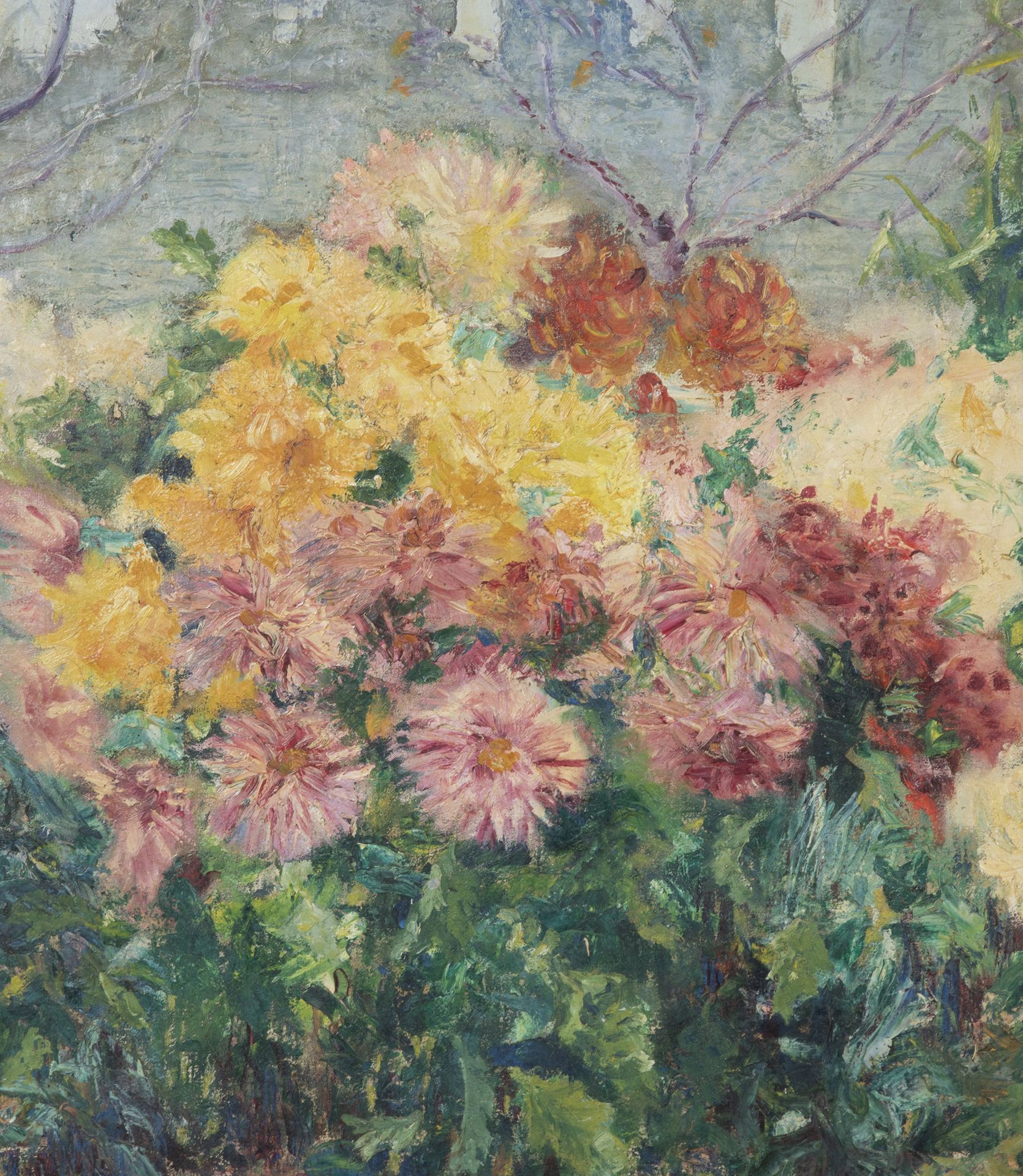 Large late 19th Century French oil on canvas painting of a garden with a view of Avignon