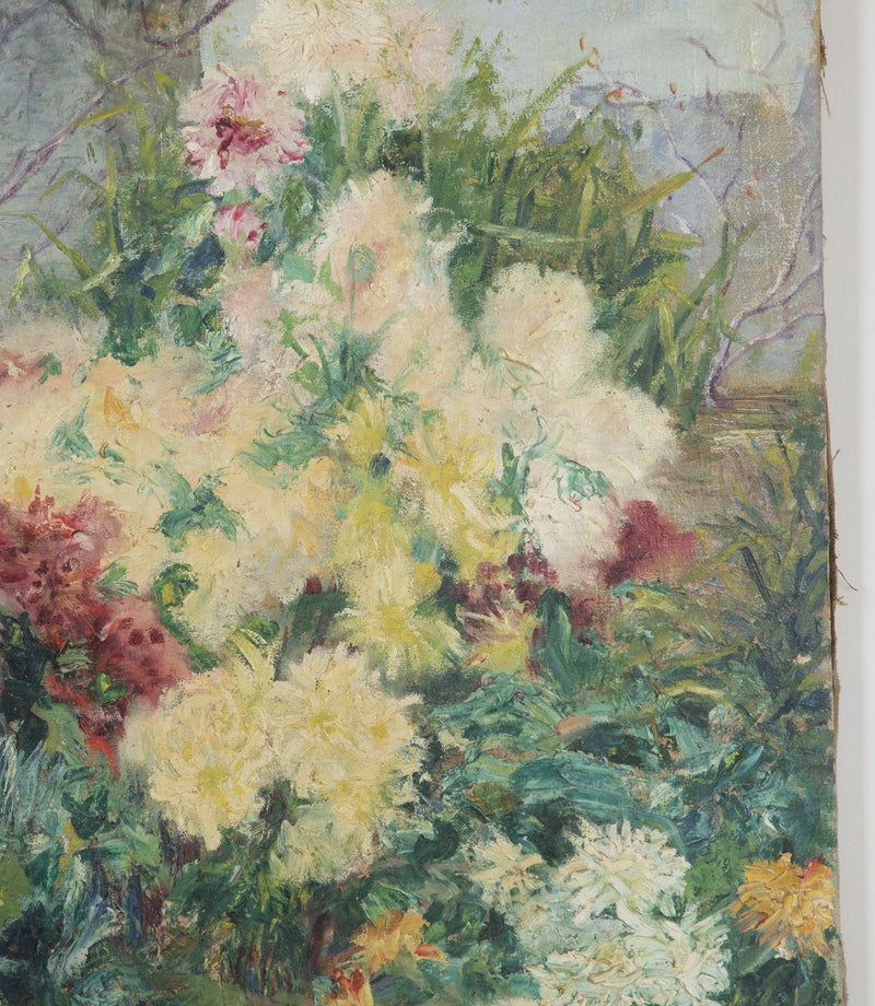 Large late 19th Century French oil on canvas painting of a garden with a view of Avignon