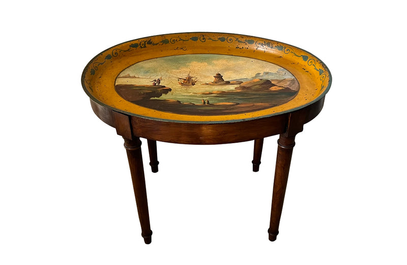 Charming small 19th Century Italian walnut occasional table with removable tole tray.