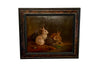 Charming 19th century framed small oil painting of two rabbits with carrots and lettuce - French Antiques