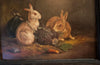 Charming 19th century framed small oil painting of two rabbits with carrots and lettuce - French Antiques