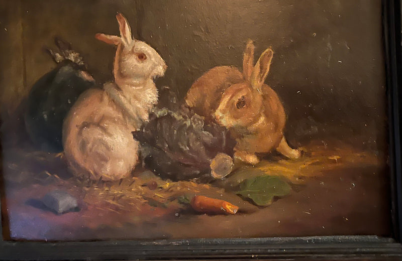 Charming 19th century framed small oil painting of two rabbits with carrots and lettuce - French Antiques