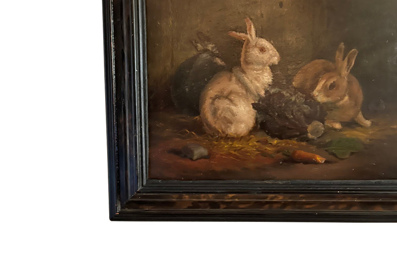 Charming 19th century framed small oil painting of two rabbits with carrots and lettuce - French Antiques