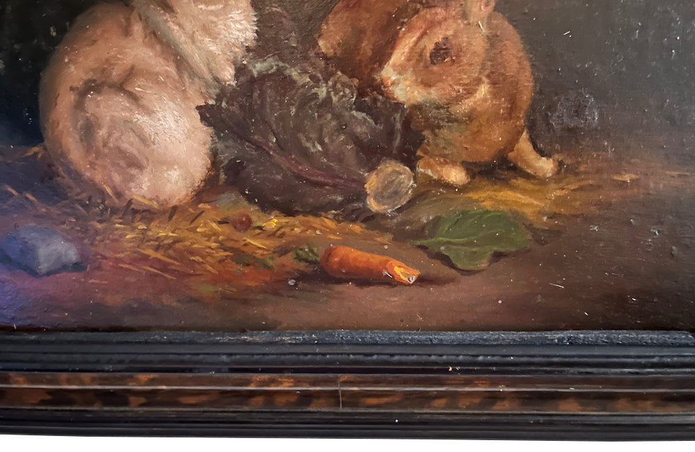 Charming 19th century framed small oil painting of two rabbits with carrots and lettuce - French Antiques