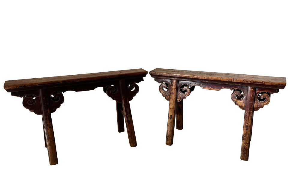 Pair of 19th century Chinese elm benches from the late Qing Period.