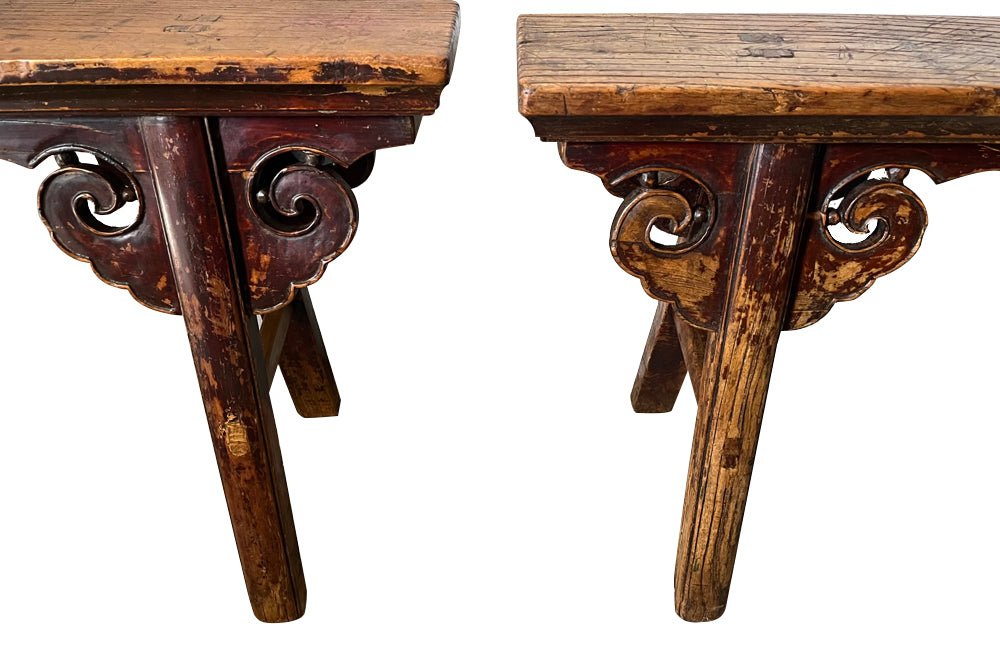 Pair of 19th century Chinese elm benches from the late Qing Period.