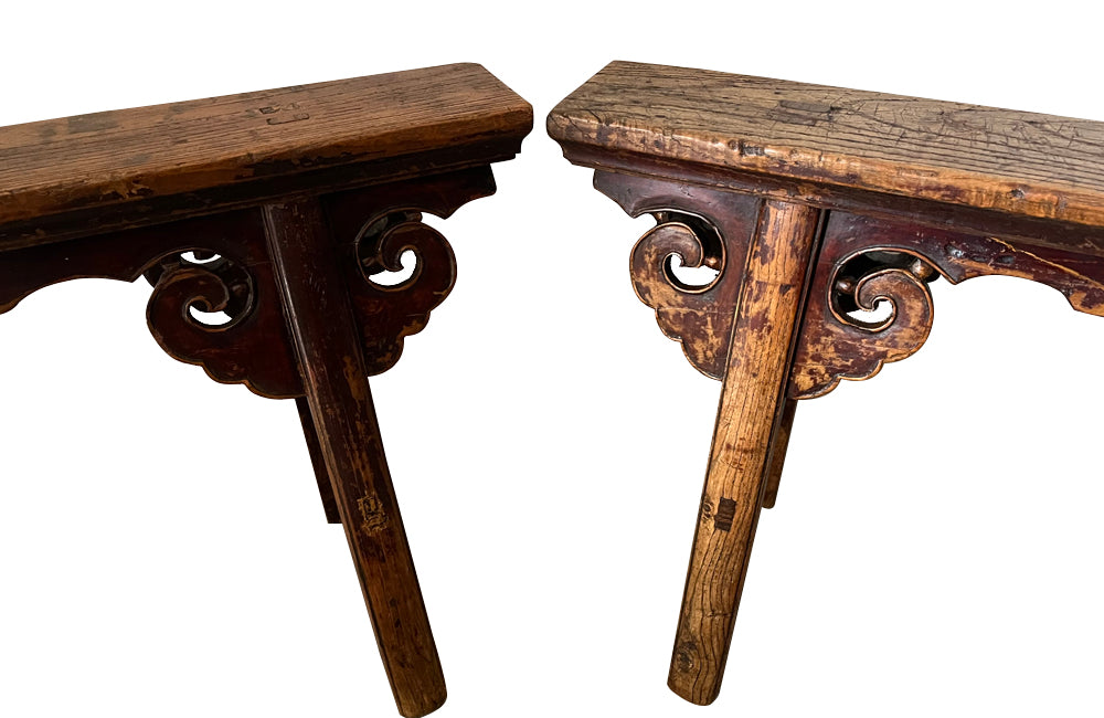 Pair of 19th century Chinese elm benches from the late Qing Period.