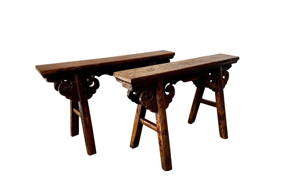 Pair of 19th century Chinese elm benches from the late Qing Period.