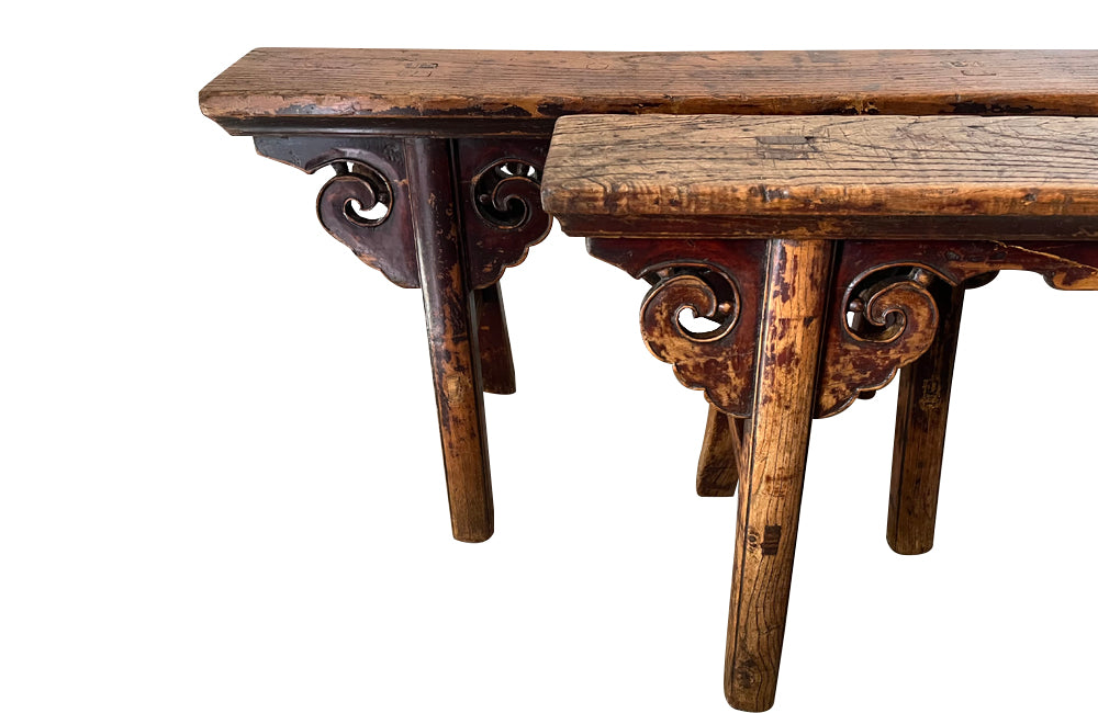 Pair of 19th century Chinese elm benches from the late Qing Period.