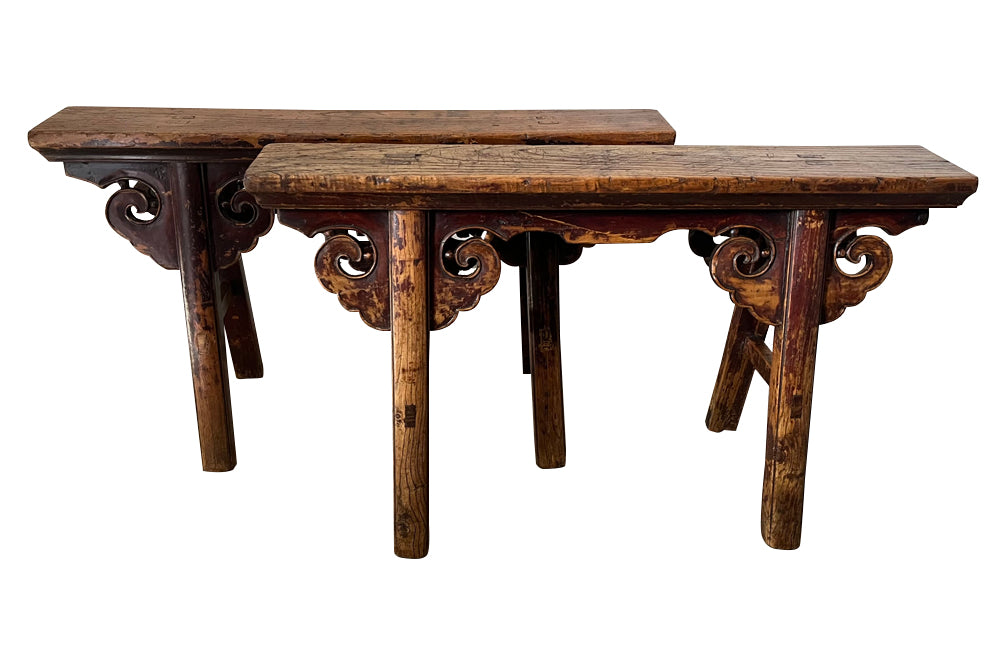 Pair of 19th century Chinese elm benches from the late Qing Period.