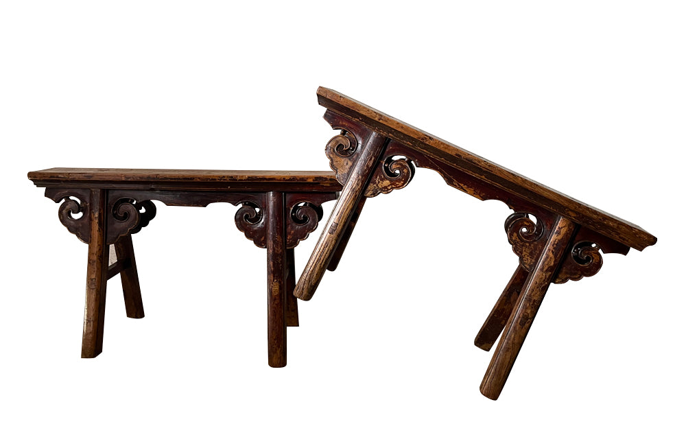 Pair of 19th century Chinese elm benches from the late Qing Period.