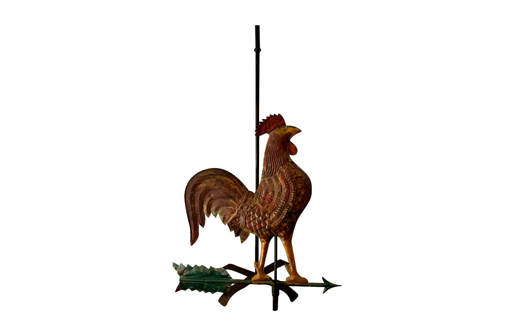 Very decorative 20th Century French painted full-bodied rooster on arrow weather vane on iron stand