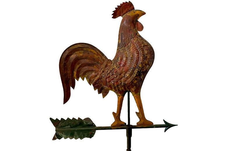 Very decorative 20th Century French painted full-bodied rooster on arrow weather vane on iron stand