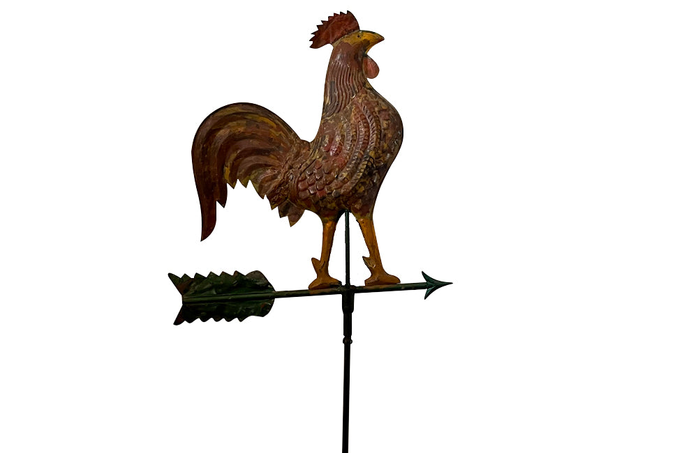 Very decorative 20th Century French painted full-bodied rooster on arrow weather vane on iron stand
