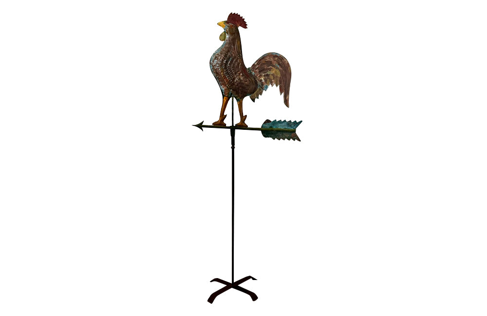 Very decorative 20th Century French painted full-bodied rooster on arrow weather vane on iron stand