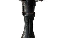 19th Century French carved wooden ships chair with leather seat and heavy cast iron base.