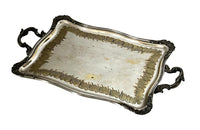 Decorative early 20th Century French Louis XV style worn silver plate on brass tray with ornate handles.