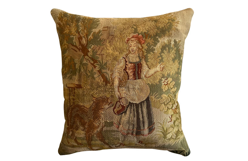 Charming cushion made with a late 19th Century tapestry depicting Red Riding Hood and the Wolf