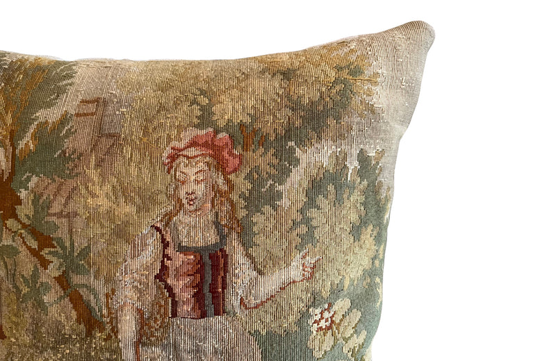 Charming cushion made with a late 19th Century tapestry depicting Red Riding Hood and the Wolf