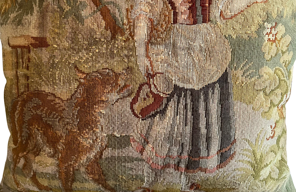 Charming cushion made with a late 19th Century tapestry depicting Red Riding Hood and the Wolf