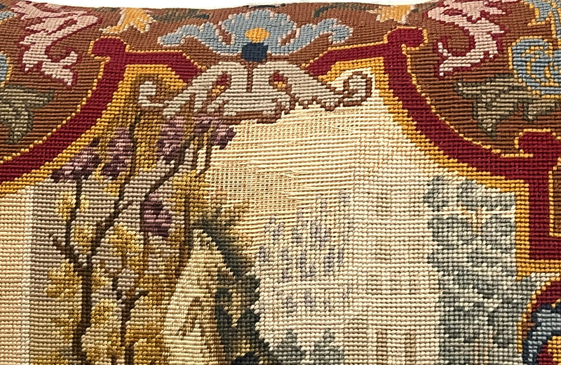 Antique cushion 19th century French tapestry cushion depicting a squirrel reaching for grapes. French antiques.

