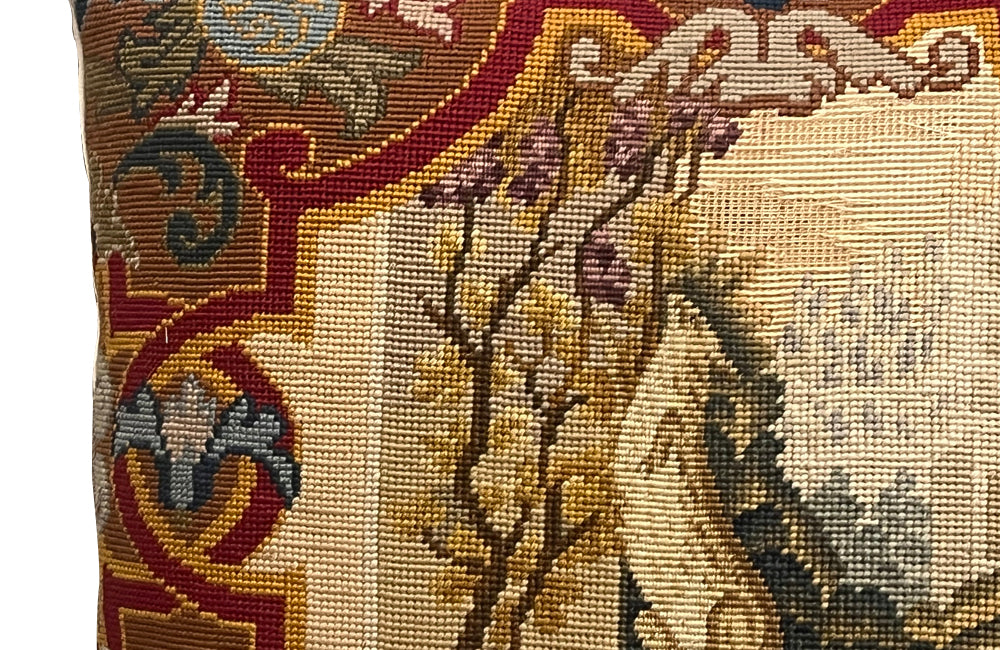 Antique cushion 19th century French tapestry cushion depicting a squirrel reaching for grapes. French antiques.
