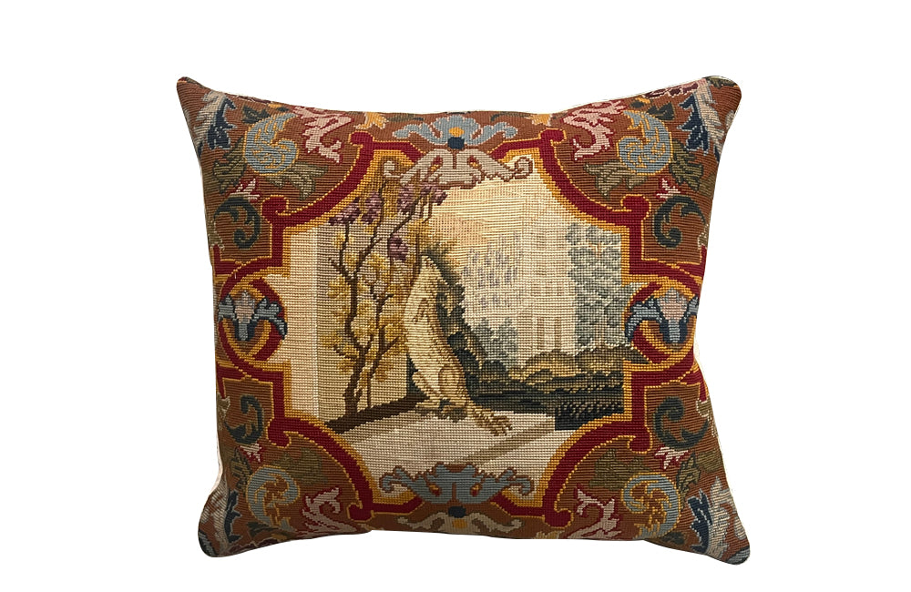 Antique cushion 19th century French tapestry cushion depicting a squirrel reaching for grapes. French antiques.

