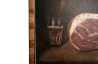 Signed still life painting depicting a glass of ale, cured meat, bread, knife and bottle on a table with chair