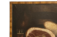 Signed still life painting depicting a glass of ale, cured meat, bread, knife and bottle on a table with chair