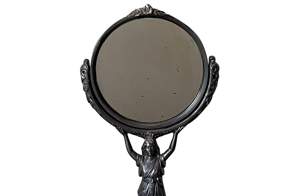 Antique table mirror with circular psyche mirror supported by a classical Art Nouveau female figure - French Antique Mirrors