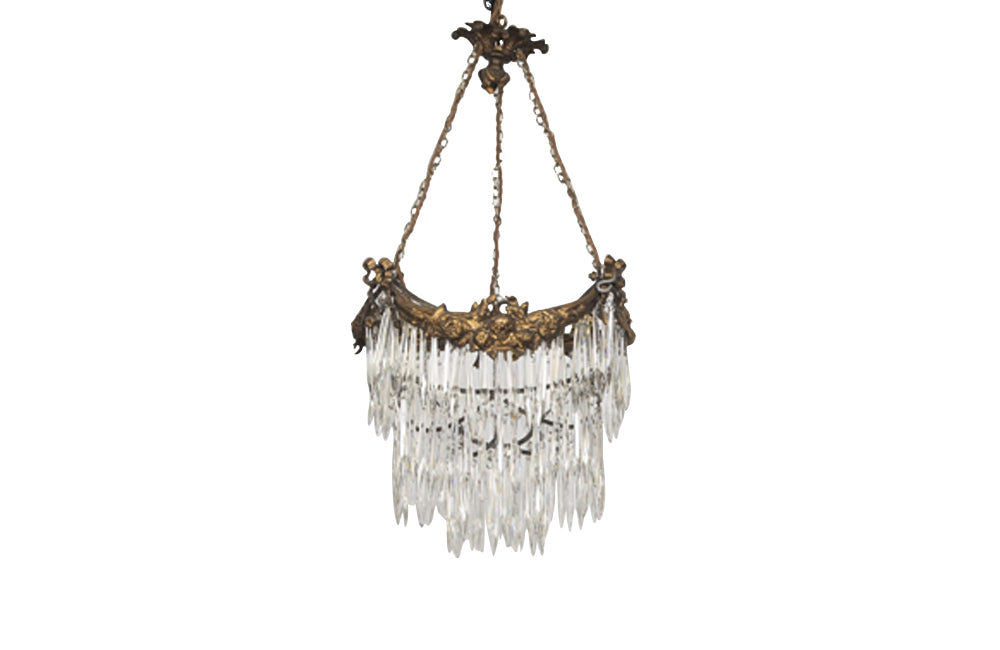 Antique chandelier bronze tiered with crystal glass drops French - Antique Lighting