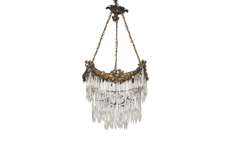 Antique chandelier bronze tiered with crystal glass drops French - Antique Lighting
