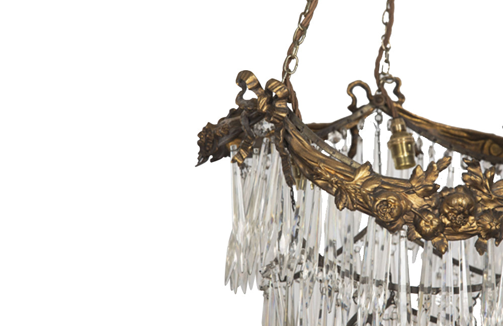 Antique chandelier bronze tiered with crystal glass drops French - Antique Lighting