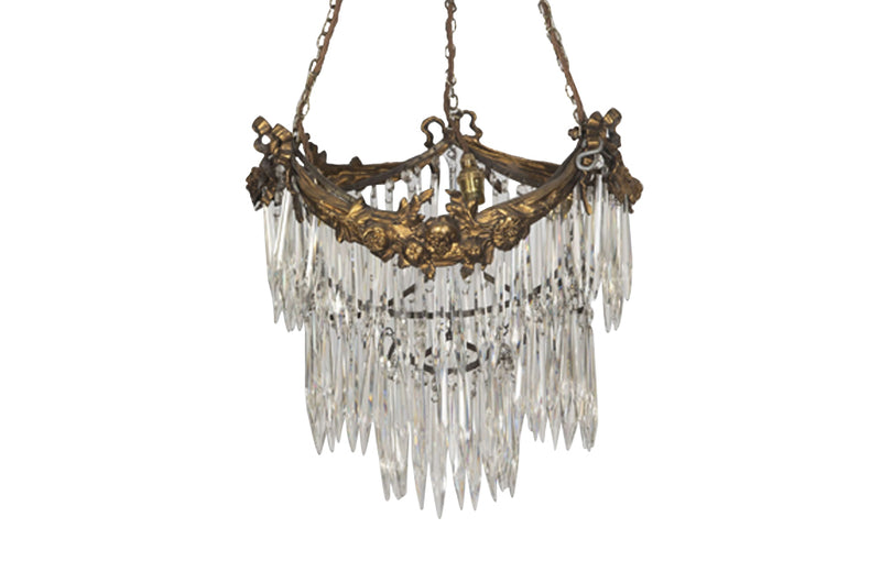 Antique chandelier bronze tiered with crystal glass drops French - Antique Lighting