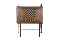 Early 20th century Faux Bamboo folding games table with inlaid checkerboard to centre and marquetry decoration.